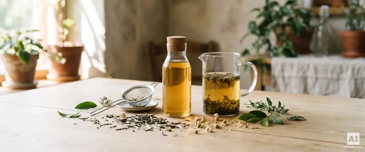 Τσάι κρύου παρασκευασμού σε γυάλινη κανάτα και μπουκάλι, με φύλλα τσαγιού και σουρωτήρι.