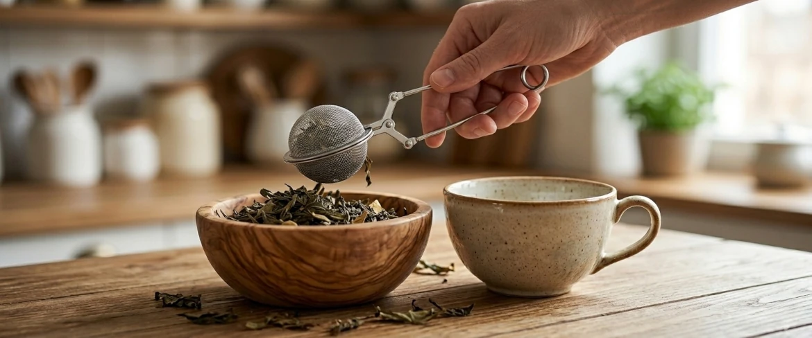 Ένας χαλύβδινος φίλτρο τσαγιού σε σχήμα λαβίδας, ενώ παίρνει φύλλα τσαγιού από ένα ξύλινο μπολ