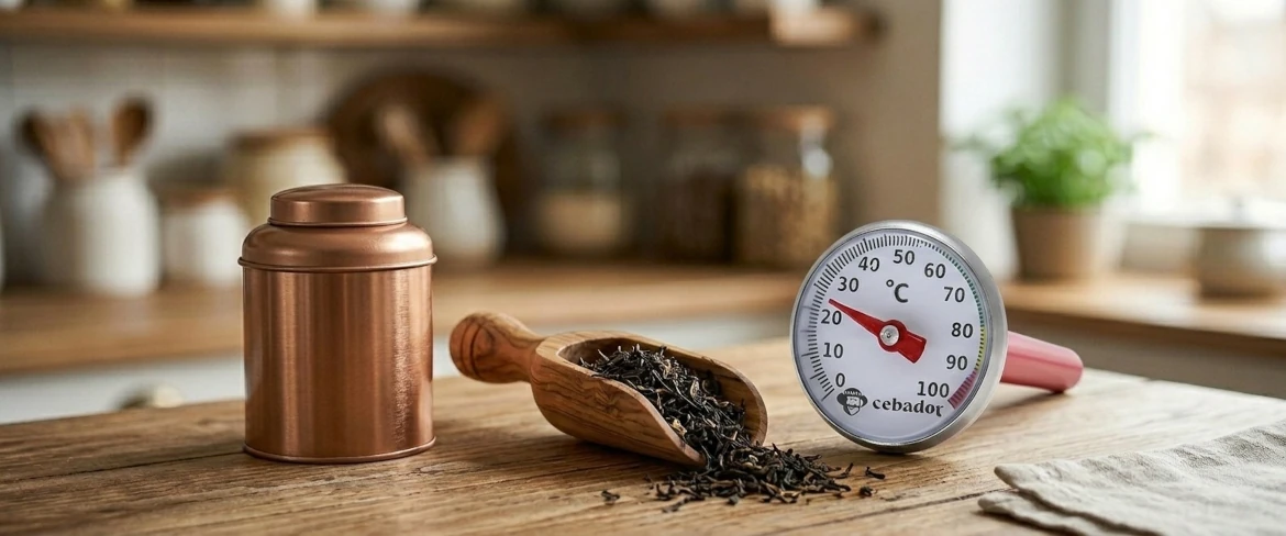 Απαραίτητα αξεσουάρ για το τσάι: ένα μεταλλικό κουτί για τσάι, ένα ξύλινο κουτάλι μέτρησης γεμάτο φύλλα τσαγιού και ένα θερμόμετρο για τσάι