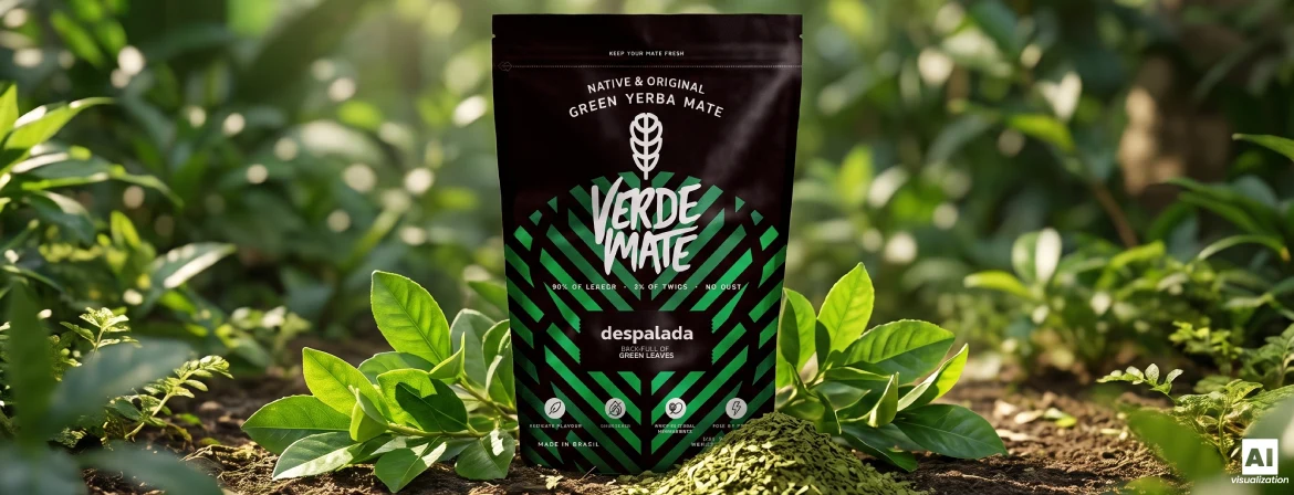 Πράσινο Verde Mate Despalada σε συσκευασία doypack, ανάμεσα σε φρέσκα φύλλα και αποξηραμένη πράσινη yerba mate.