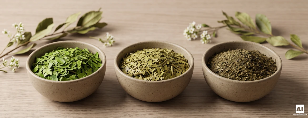 Τρία μπολ με αποξηραμένα φύλλα yerba mate, διαφορετικού χρώματος, λεπτότητας και έντασης.