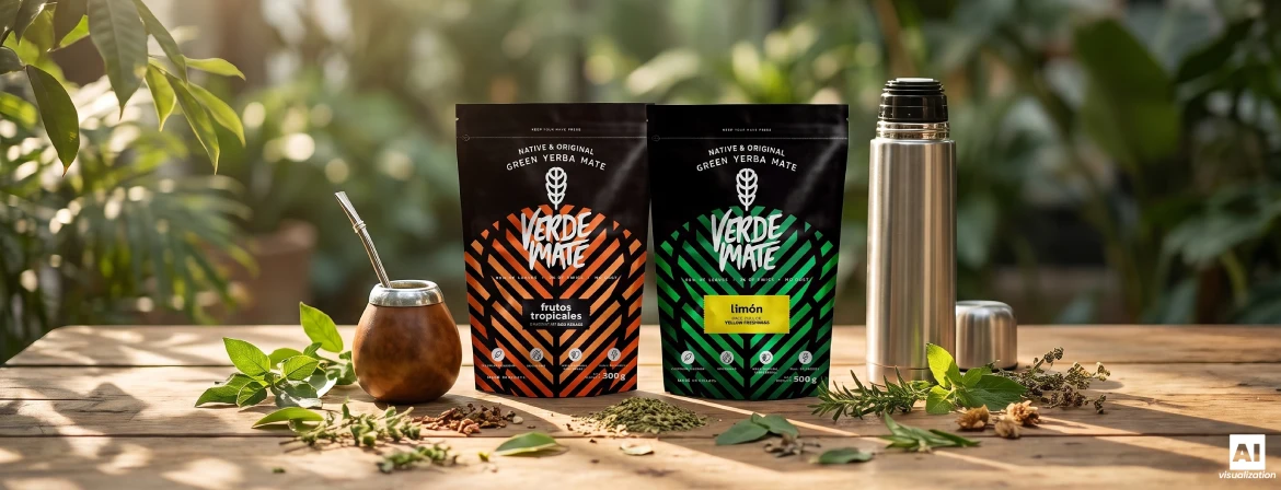 Σετ για την παρασκευή βραζιλιάνικου yerba mate, που περιλαμβάνει κολοκύθα mate, bombilla, θερμός και συσκευασίες Verde Mate τύπου doypack.