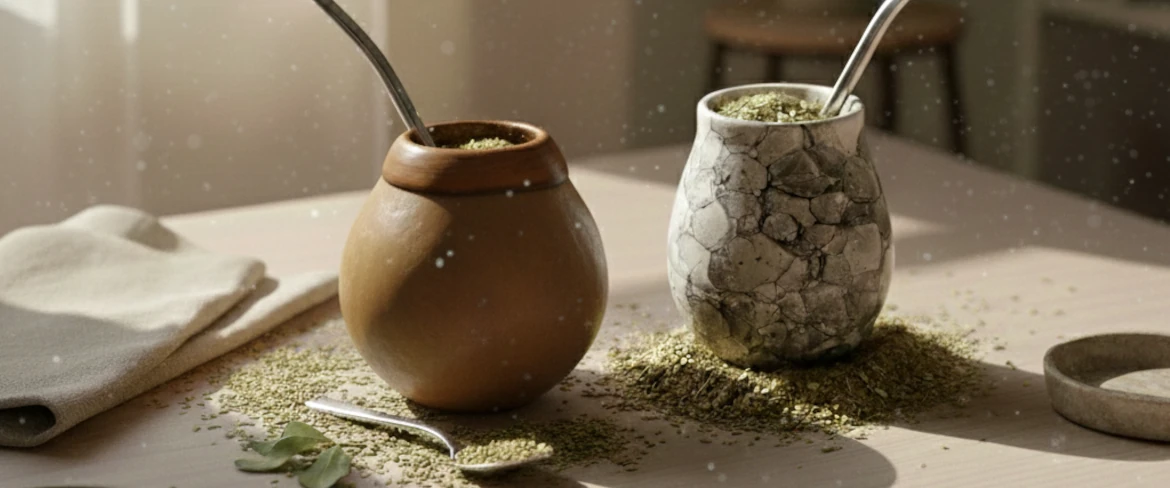 Σύγκριση: φυσική κολοκύθα και κεραμική κολοκύθα ματέ δίπλα-δίπλα