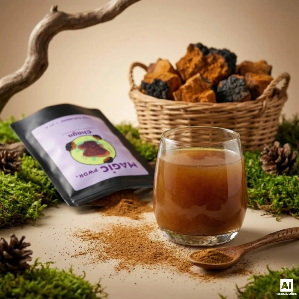 Magic Pwdr Chaga, εκχύλισμα καρποφόρου σώματος σε αναλογία 10:1, σε μορφή σκόνης.