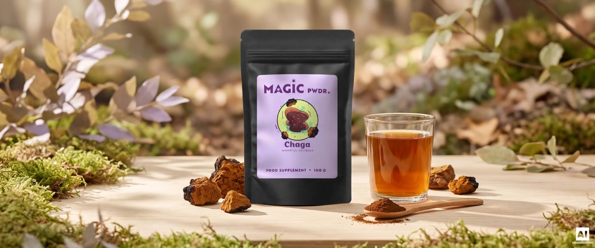 Magic Pwdr Chaga σε συσκευασία doypack, εκχύλισμα σε σκόνη, κομμάτια αποξηραμένων μανιταριών και αφέψημα.