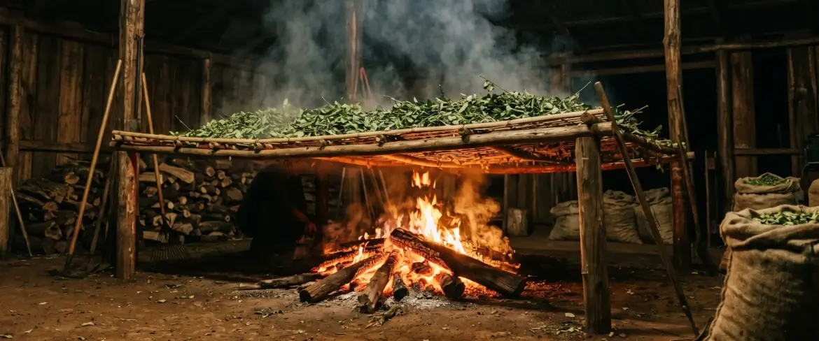 Παραδοσιακή μέθοδος ξήρανσης των φύλλων πάνω από φωτιά «barbacuá», που προσδίδει στην παραγουαϊκή yerba mate το καπνιστό της άρωμα.