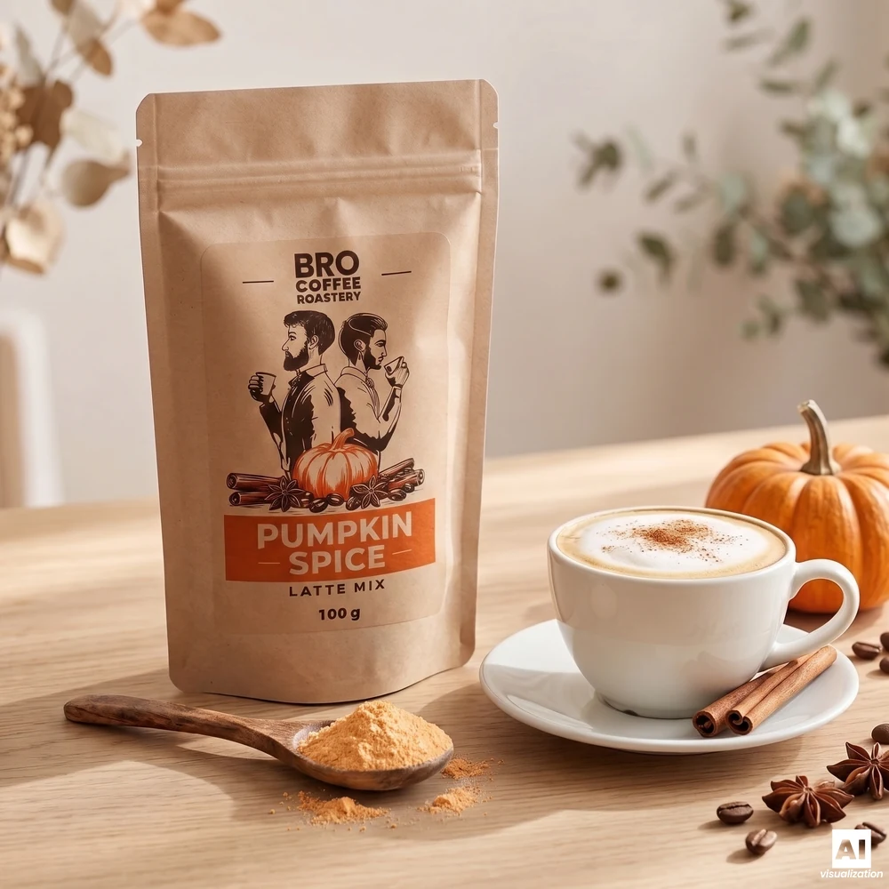 Μίγμα Pumpkin Spice Latte της Bro Coffee Roastery, ένα ξύλινο κουτάλι με σκόνη κολοκύθας και ένα φλιτζάνι λάτε πασπαλισμένο με κανέλα.