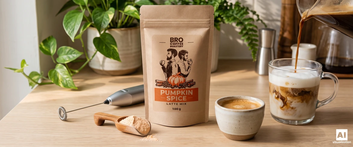 Μίγμα Pumpkin Spice Latte της Bro Coffee Roastery, ένας αφροποιητής γάλακτος και εσπρέσο που χύνεται σε ένα ποτήρι με αφρό γάλακτος.