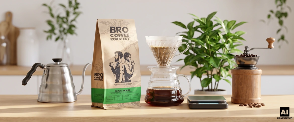 Καφές «Bro Coffee Roastery Brazil Samba» δίπλα σε ένα φίλτρο, ένα βραστήρα, μια ζυγαριά και έναν χειροκίνητο μύλο καφέ.