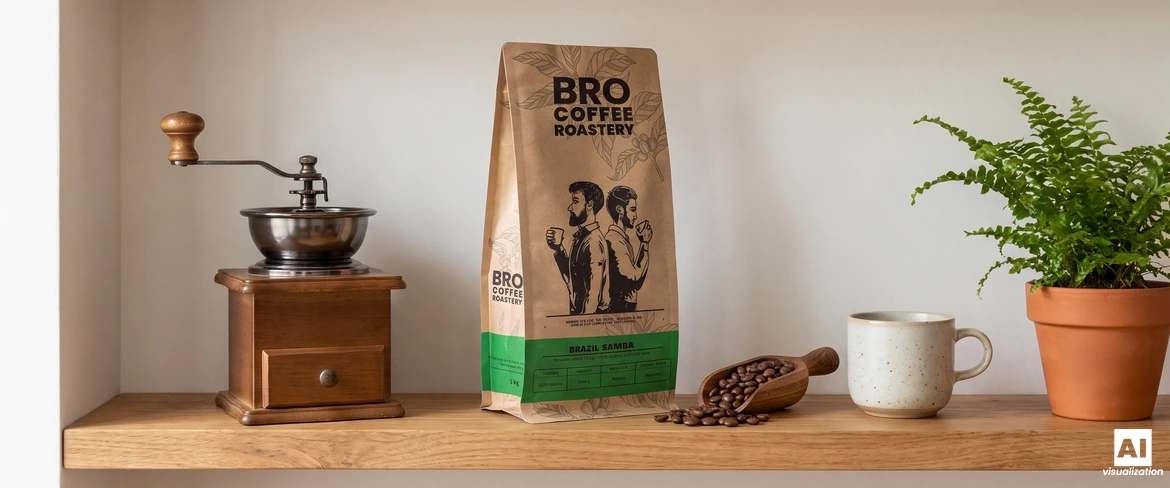 Μια σφραγισμένη συσκευασία καφέ «Bro Coffee Roastery Brazil Samba» πάνω σε ένα ράφι, δίπλα σε έναν χειροκίνητο μύλο και ένα φλιτζάνι.