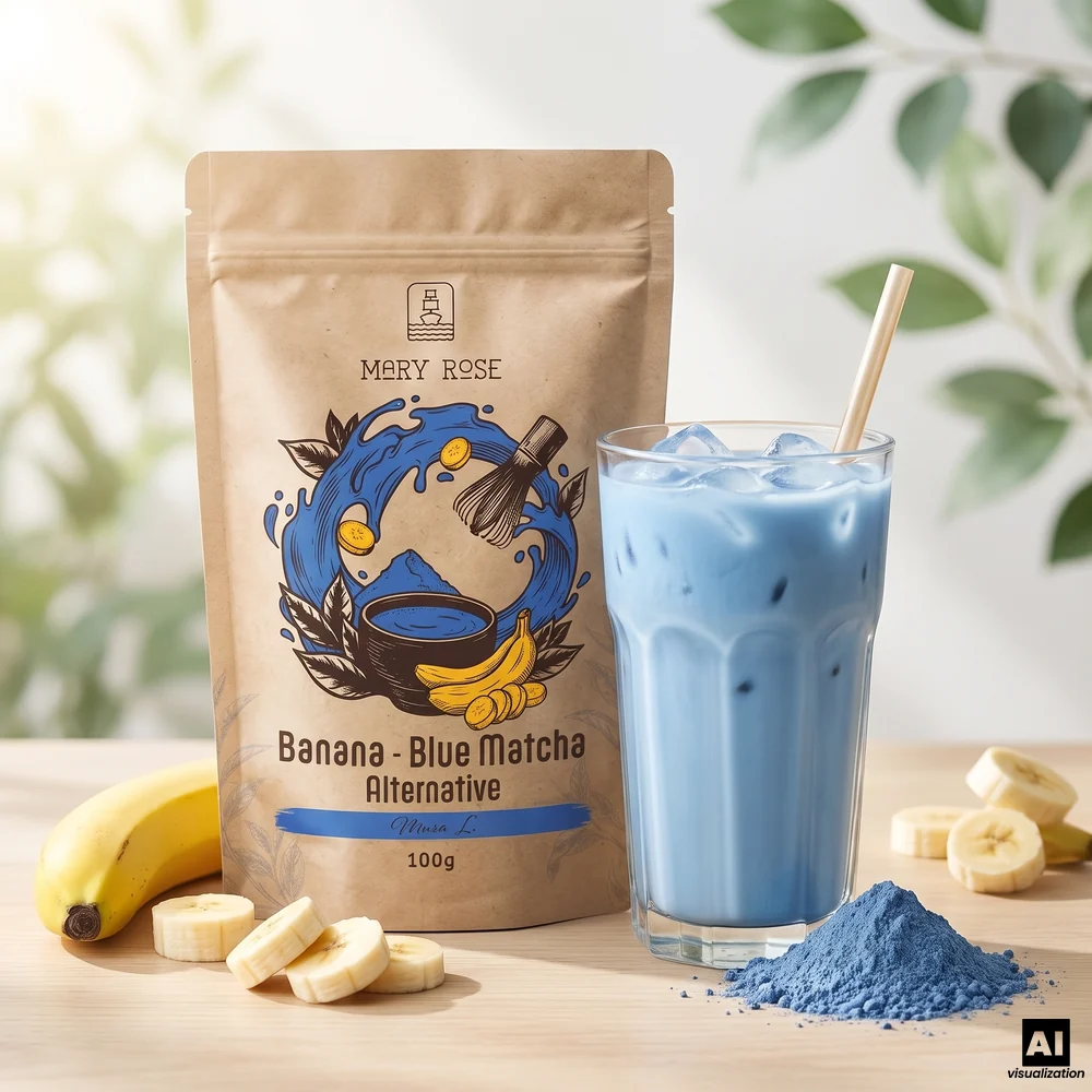 Mary Rose Blue Matcha Alternative – μπλε μάτσα με μπανάνα και σπιρουλίνα, δίπλα σε έναν μπλε παγωμένο λάτε και μια μπανάνα.