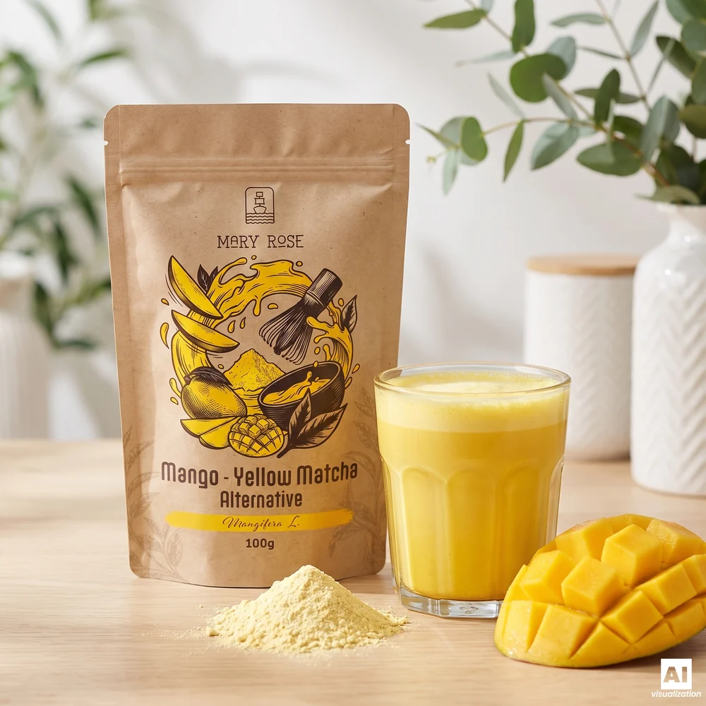 Mary Rose Yellow Matcha Alternative (μάτσα με μάνγκο): μία συσκευασία, ένα κίτρινο ρόφημα, σκόνη και μάνγκο σε κύβους.