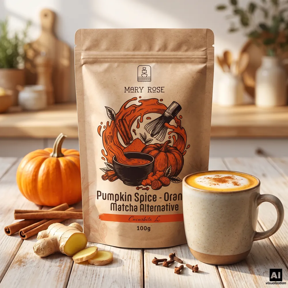 Mary Rose: πορτοκαλένιο matcha με γεύση Pumpkin Spice, δίπλα σε έναν λάτε με κανέλα, μια κολοκύθα, ξυλάκια κανέλας, τζίντζερ και γαρίφαλα.