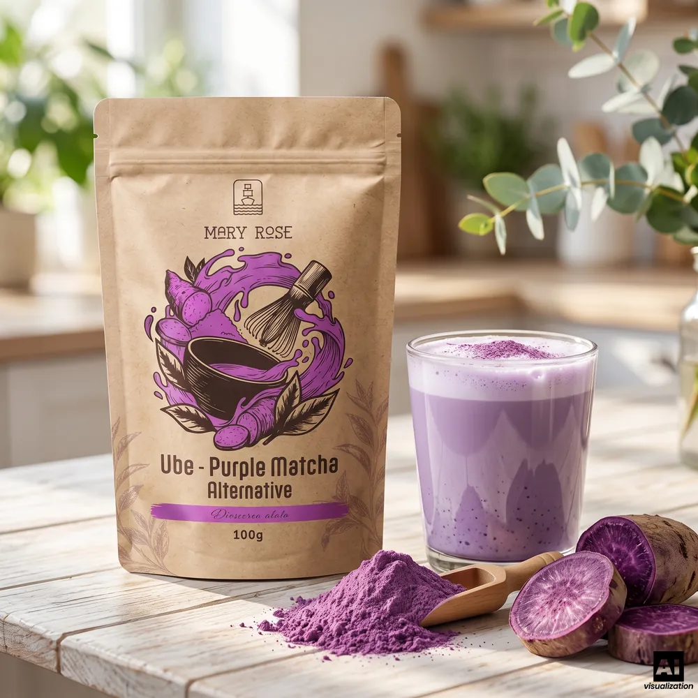 Μαύρο matcha «Mary Rose»: σκόνη ube, δίπλα σε ένα μωβ latte ube, σκόνη πάνω σε ξύλινη κουτάλα και φέτες μωβ κονδύλου.