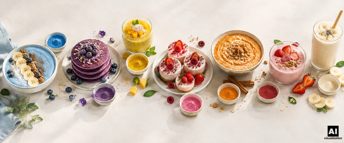 Πολύχρωμες σκόνες στην κουζίνα: ένα μπλε smoothie bowl, μωβ τηγανίτες ube, πουτίγκα μάνγκο και ροζ μίνι τσιζκέικ.