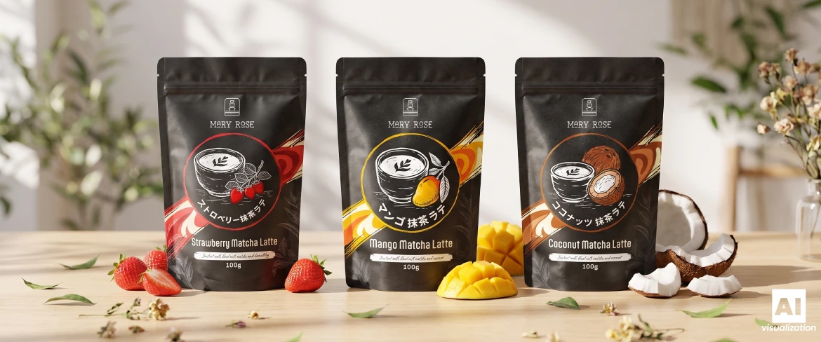 Συσκευασίες του «Mary Rose Strawberry, Mango and Coconut Matcha Latte» πάνω σε ένα ξύλινο τραπέζι.