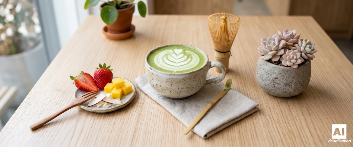 Ένα matcha latte με γάλα, ένα χτυπητήρι από μπαμπού και φράουλες, μάνγκο και καρύδα πάνω σε ένα τραπέζι.