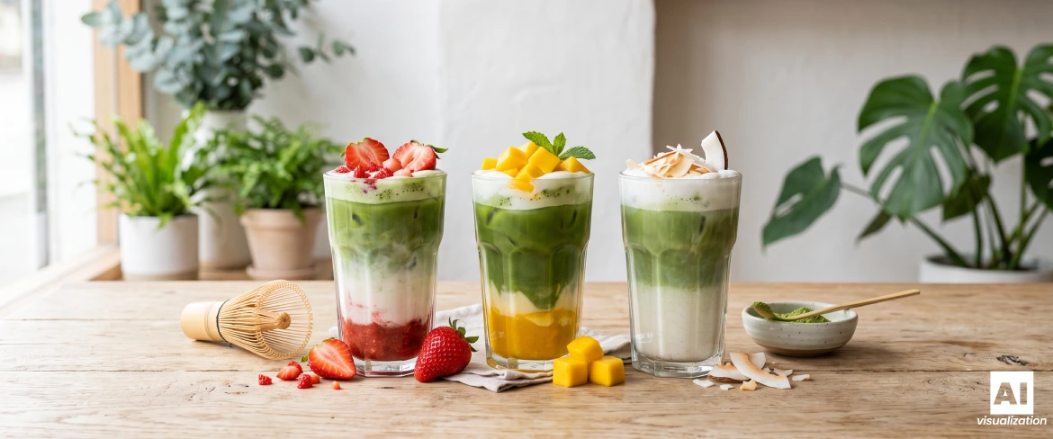 Πολύχρωμα, πολυεπίπεδα matcha latte με φράουλα, μάνγκο και καρύδα σε ποτήρια.