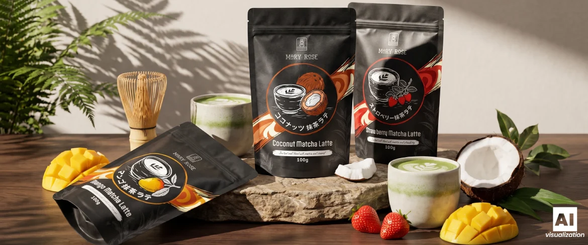 Προϊόντα Mary Rose matcha latte σε τρεις γεύσεις, που περιλαμβάνουν ένα ρόφημα, φρούτα και ένα χτυπητήρι από μπαμπού.