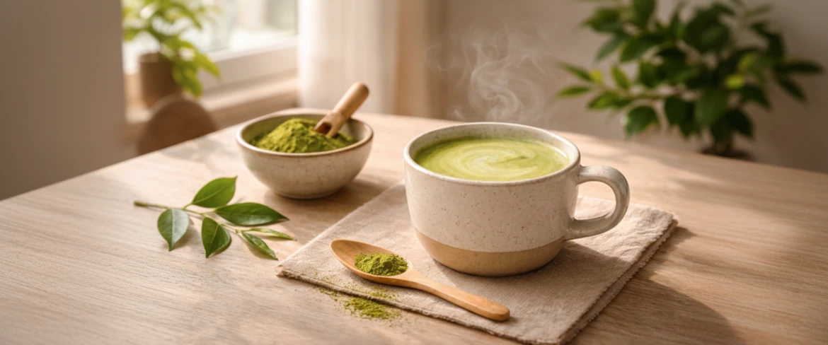 Matcha latte – τι είναι αυτό; Πράσινο τσάι matcha με γάλα που σερβίρεται σε φλιτζάνι
