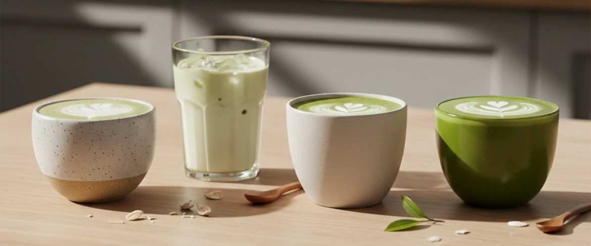 Matcha latte με διαφορετικά είδη γάλακτος – βρώμης, καρύδας και αμυγδάλου