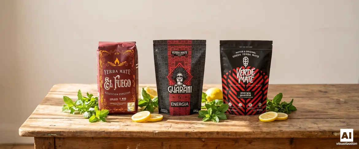 Τρεις ποικιλίες δυνατού yerba mate με γκουαράνα και φύλλα αποξηραμένα με καπνό, πάνω σε ένα ξύλινο τραπέζι.