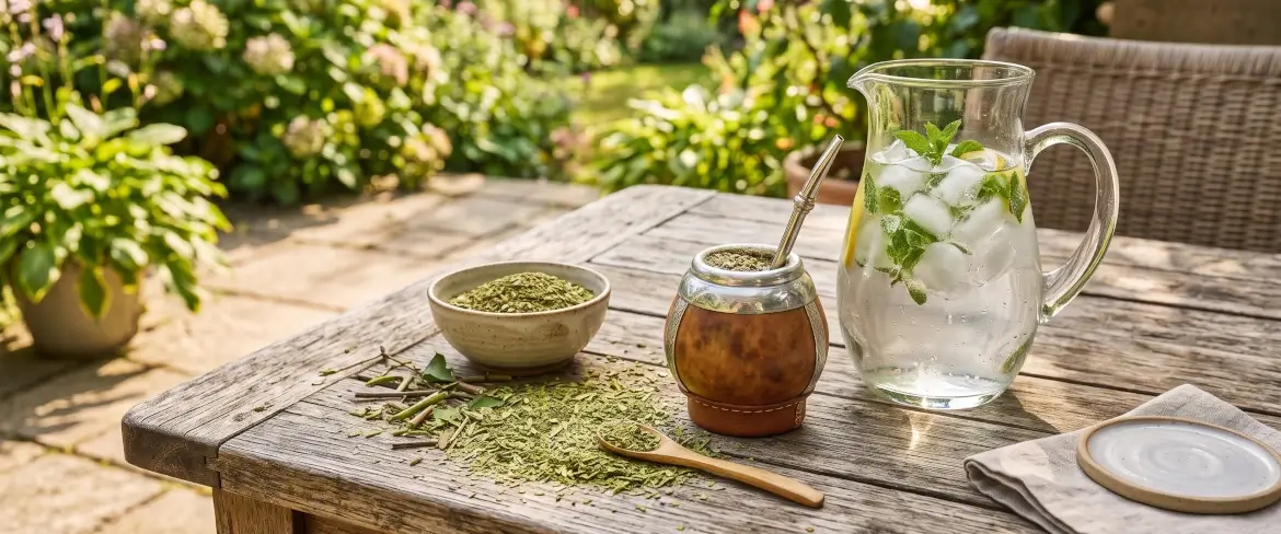 Φύλλα γιέρμπα μάτε και μια γυάλινη κανάτα με παγωμένο νερό