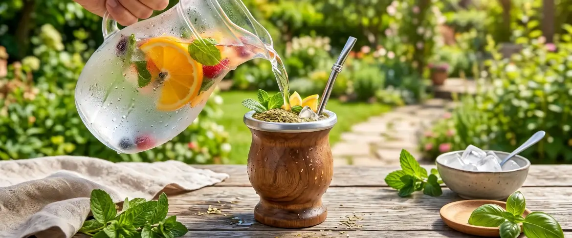 Κρύα yerba mate που χύνεται σε παγωμένο χυμό φρούτων για την παρασκευή του tereré