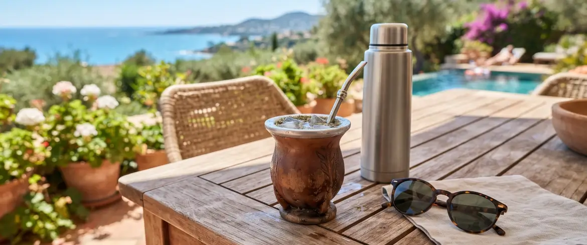 Καλοκαιρινή χαλάρωση σε μια βεράντα με ένα θερμός και ένα κύπελλο για ματέ