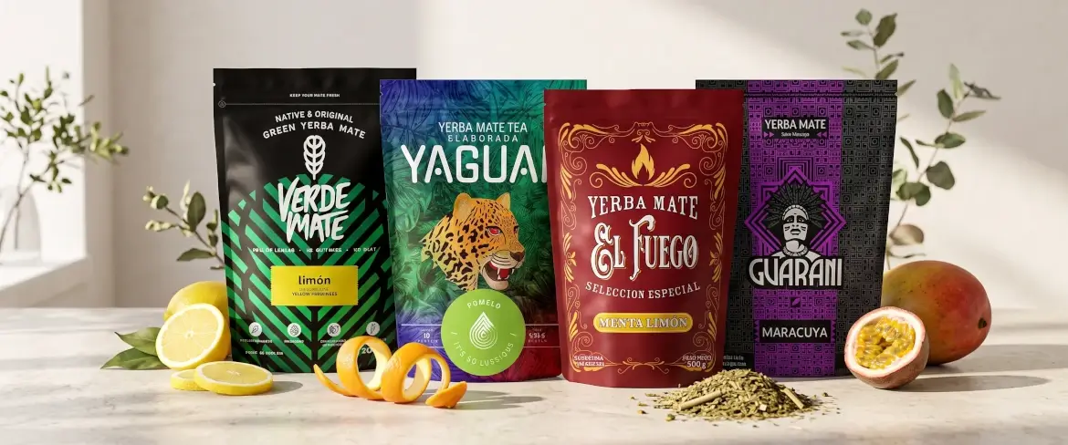 Συσκευασίες τύπου «doypack» με διάφορες γεύσεις yerba mate με φρούτα, συμπεριλαμβανομένων των εσπεριδοειδών και της yerba mate με φρούτα.