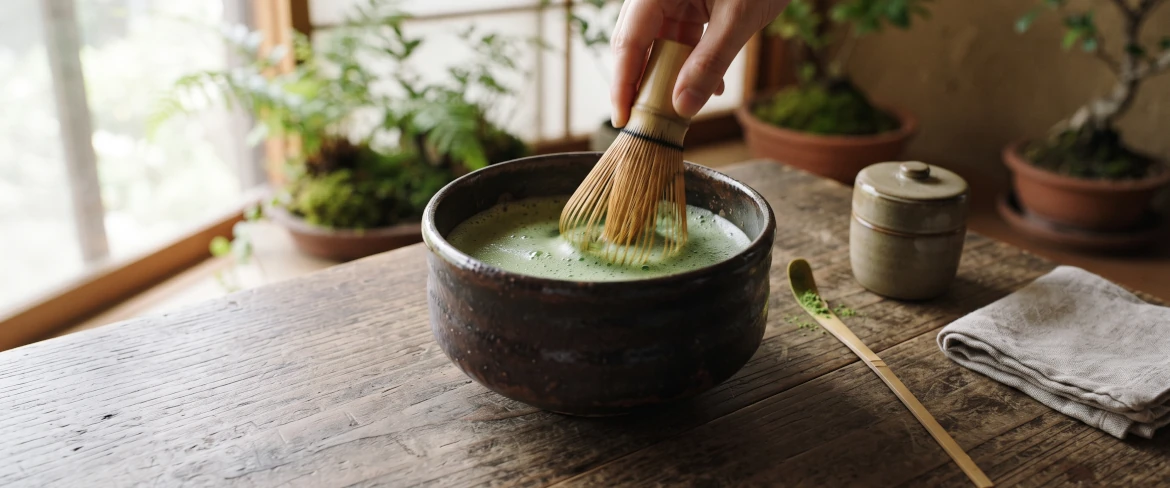 Παραδοσιακή παρασκευή του matcha σε σκούρο μπολ με χασέν από μπαμπού.