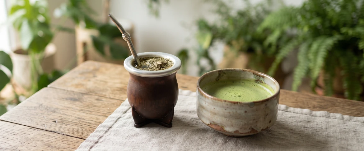 Άμεση σύγκριση μεταξύ του matcha και του yerba mate: μια καλαμποκιά για mate με bombilla και ένα κεραμικό μπολ με αφέψημα.