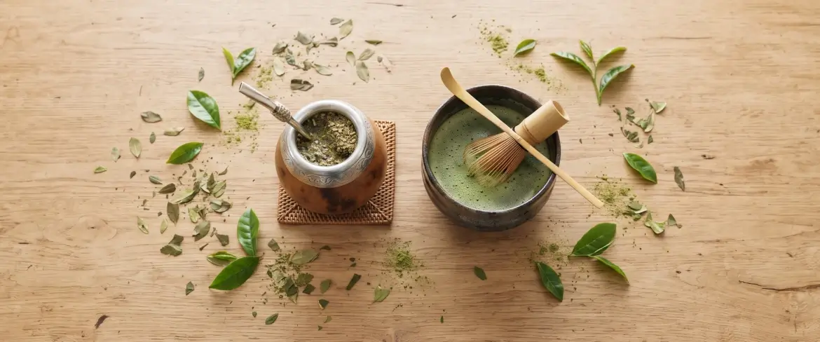Άποψη από πάνω της yerba mate και του matcha: μια ξύλινη κολοκύθα για mate και ένα κεραμικό μπολ, περιτριγυρισμένα από φύλλα.
