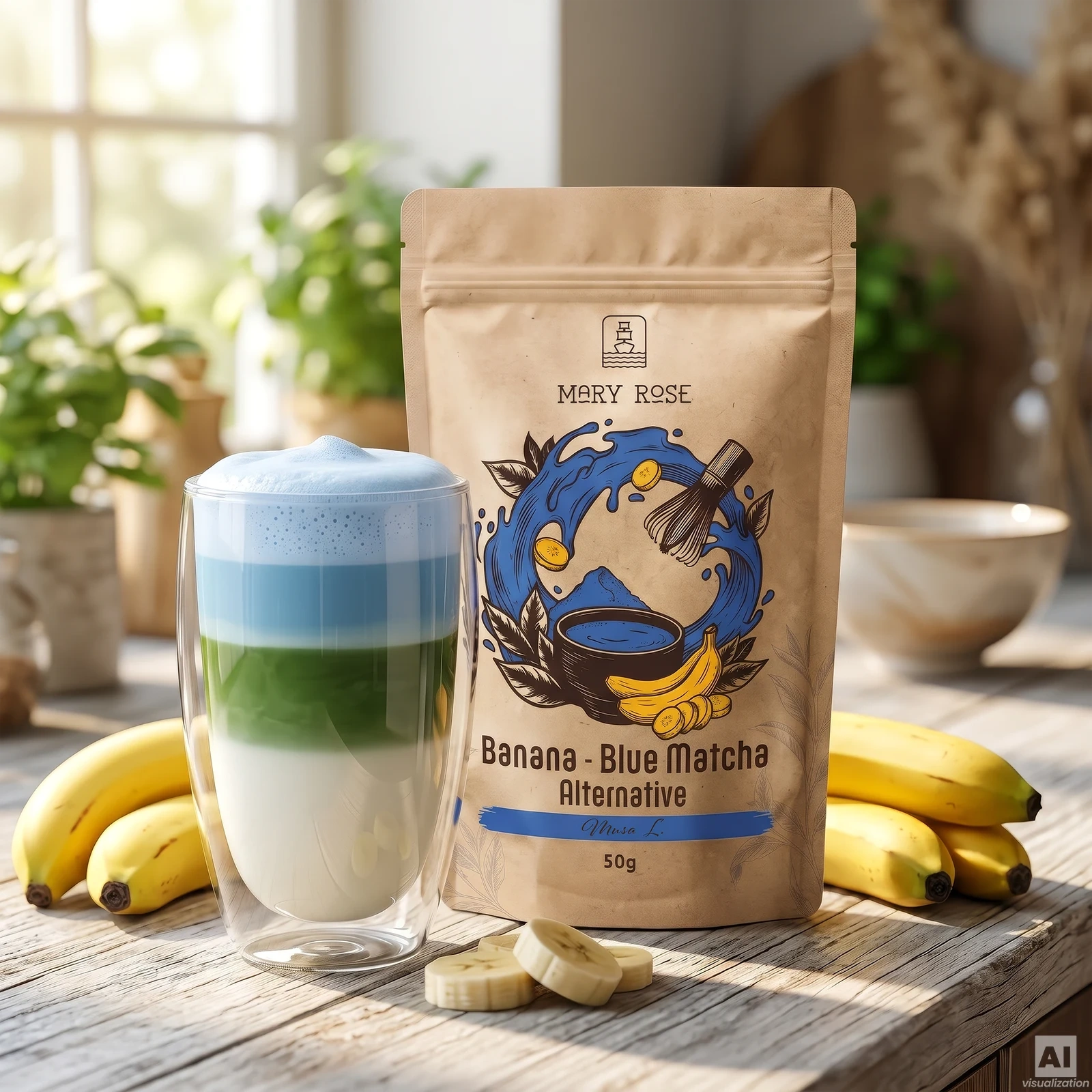 Blue Banana Matcha Latte σε τρία χρώματα με Mary Rose Blue Matcha Alternative Μπανάνα